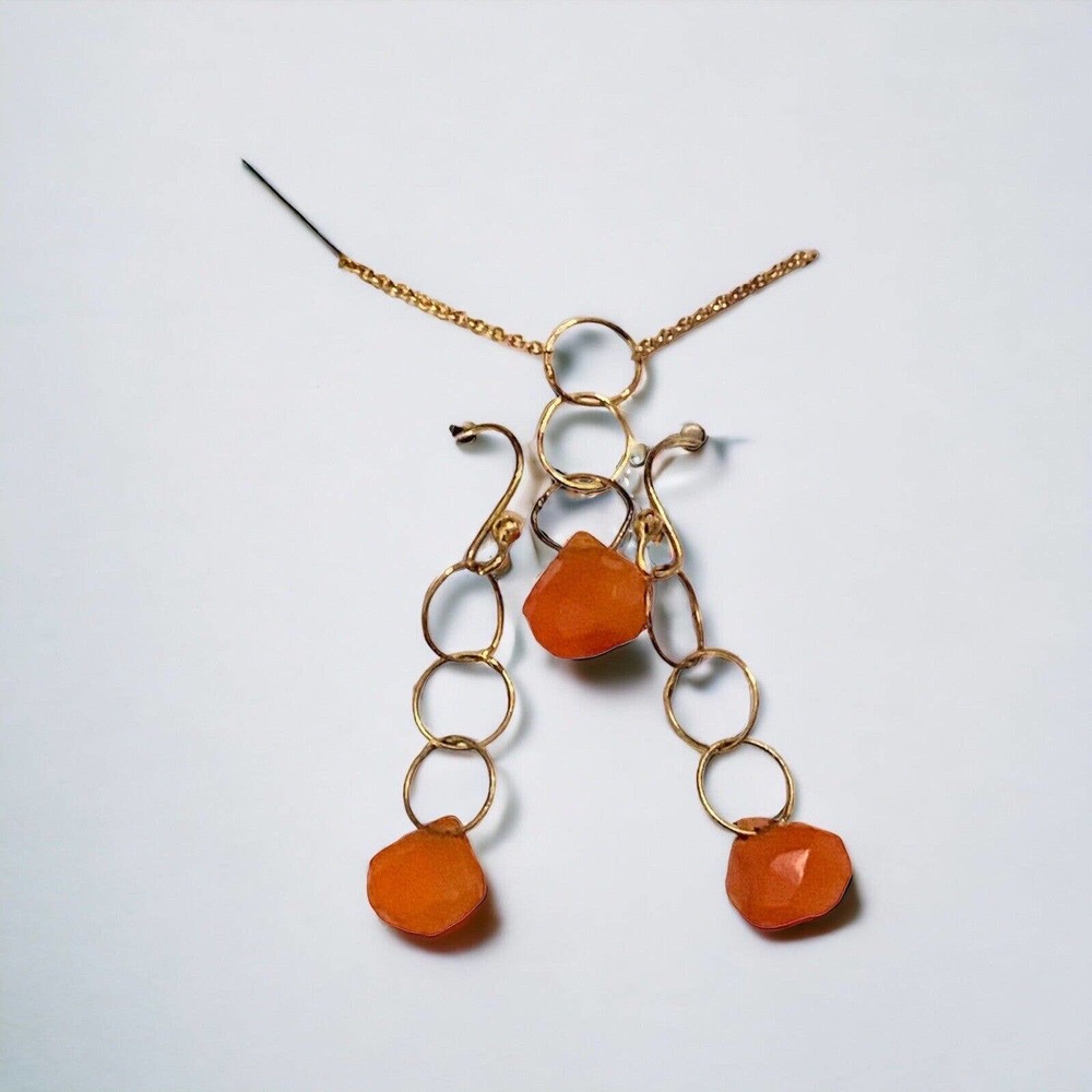 Gold Tone Orange Dangle Earrings Necklace Set Pendant Bohemian Carnelian 16”